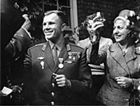 Yuri Gagarin attending a garden party at the premi