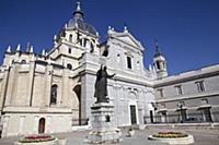 Spain, Madrid, Cathedral de la Almudena with statu