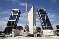 Spain, Madrid, Puerta de Europa with the monument 