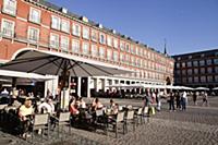 Spain, Madrid, Restaurants on the Plaza Mayor.