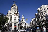 Spain, Madrid, Busy traffic on Alcala Grand Via ju