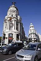 Spain, Madrid, Busy traffic on Alcala Grand Via ju