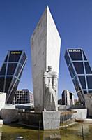 Spain, Madrid, Puerta de Europa with the monument 