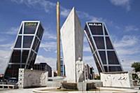 Spain, Madrid, Puerta de Europa with the monument 