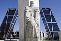 Spain, Madrid, Puerta de Europa with the monument 