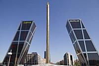 Spain, Madrid, Puerta de Europa with the monument 