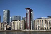 England, London, Isle of Dogs,Thames riverside blo