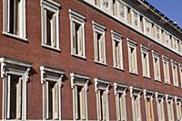 Spain, Madrid, Deatil of red coloured building fac