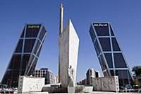 Spain, Madrid, Puerta de Europa with the monument 