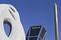 Spain, Madrid, Puerta de Europa with the monument 