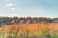 Agricultural landscape with cottages in warm tone.